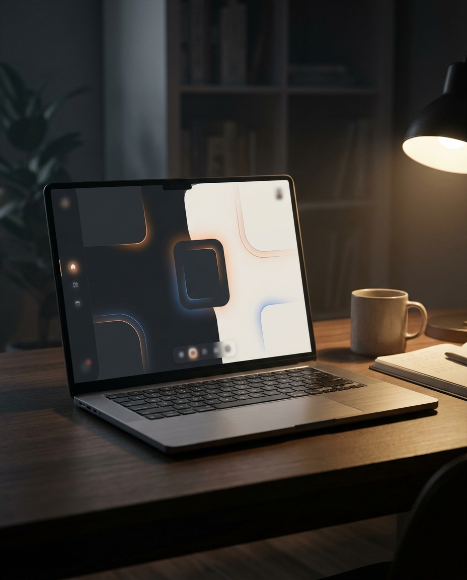 Un laptop pe ecranul căruia se afișează imagini geometrice abstracte se află pe un birou din lemn, alături de un caiet, un stilou, o cană de cafea și o lampă de birou aprinsă, într-o cameră slab iluminată.