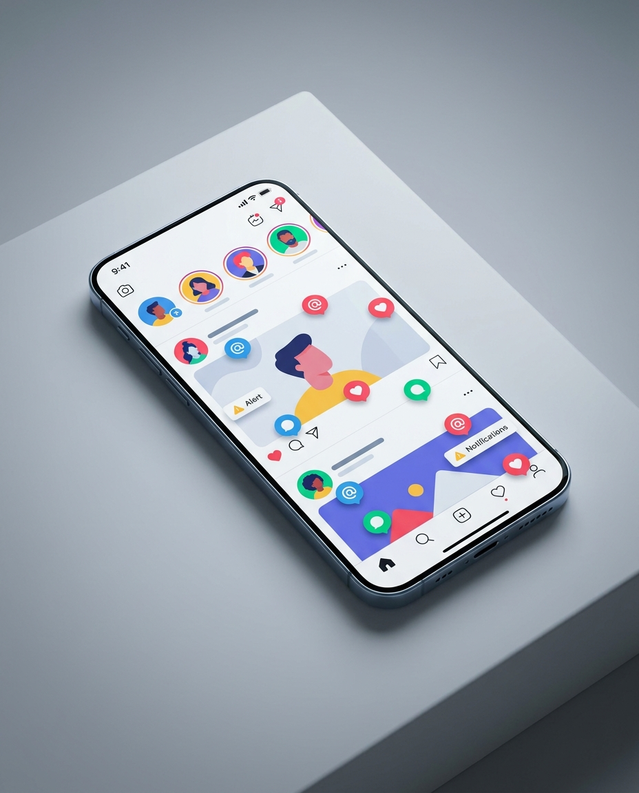 Un smartphone pe ecranul căruia se afișează interfața colorată a unei aplicații de socializare, cu avatare ale utilizatorilor, notificări, aprecieri și pictograme de comentarii, așezat pe o suprafață de culoare gri deschis.