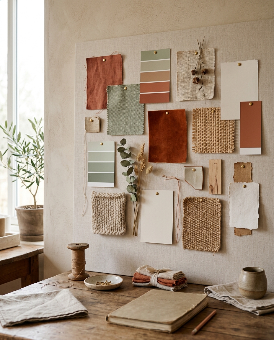 Pe un panou de inspirație montat pe un perete acoperit cu țesătură sunt expuse mostre de țesături, mostre de vopsea, materiale cu textură și plante uscate, deasupra unui birou rustic din lemn pe care se află caiete, bobine și mici piese de lenjerie așezate una peste alta, lângă o plantă în ghiveci situată lângă fereastră.