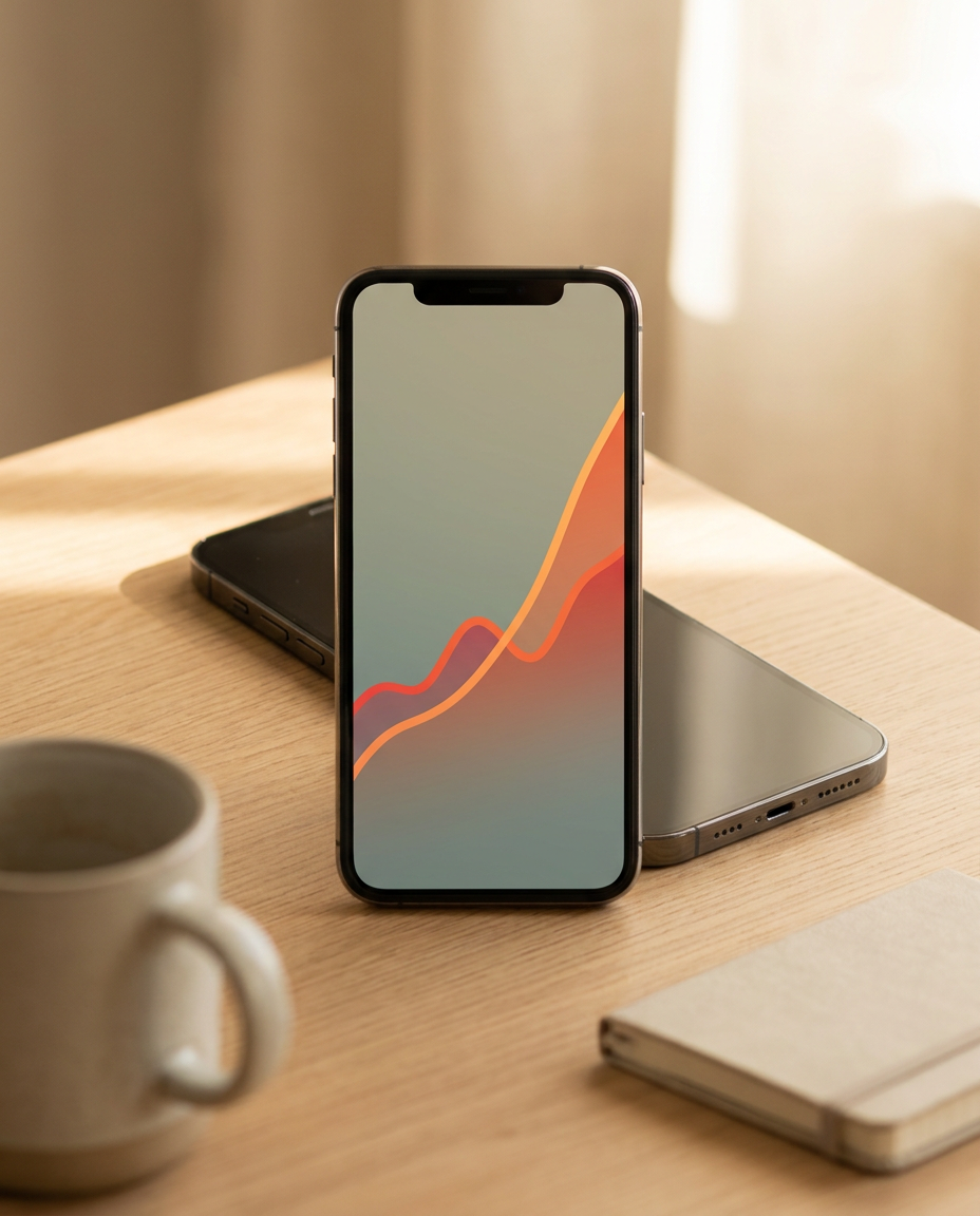 Un smartphone cu un fundal reprezentând un grafic liniar colorat stă în picioare pe un birou din lemn, alături de un alt telefon, un caiet închis și o cană de cafea, toate scăldate într-o lumină naturală blândă.