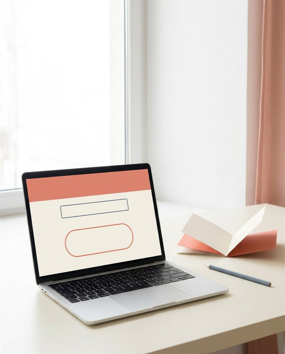 Pe un birou deschis la culoare se află un laptop pe care este afișat un ecran minimalist de autentificare. Lângă acesta se află un caiet închis și un creion gri. Lumina naturală pătrunde printr-o fereastră cu perdele transparente.