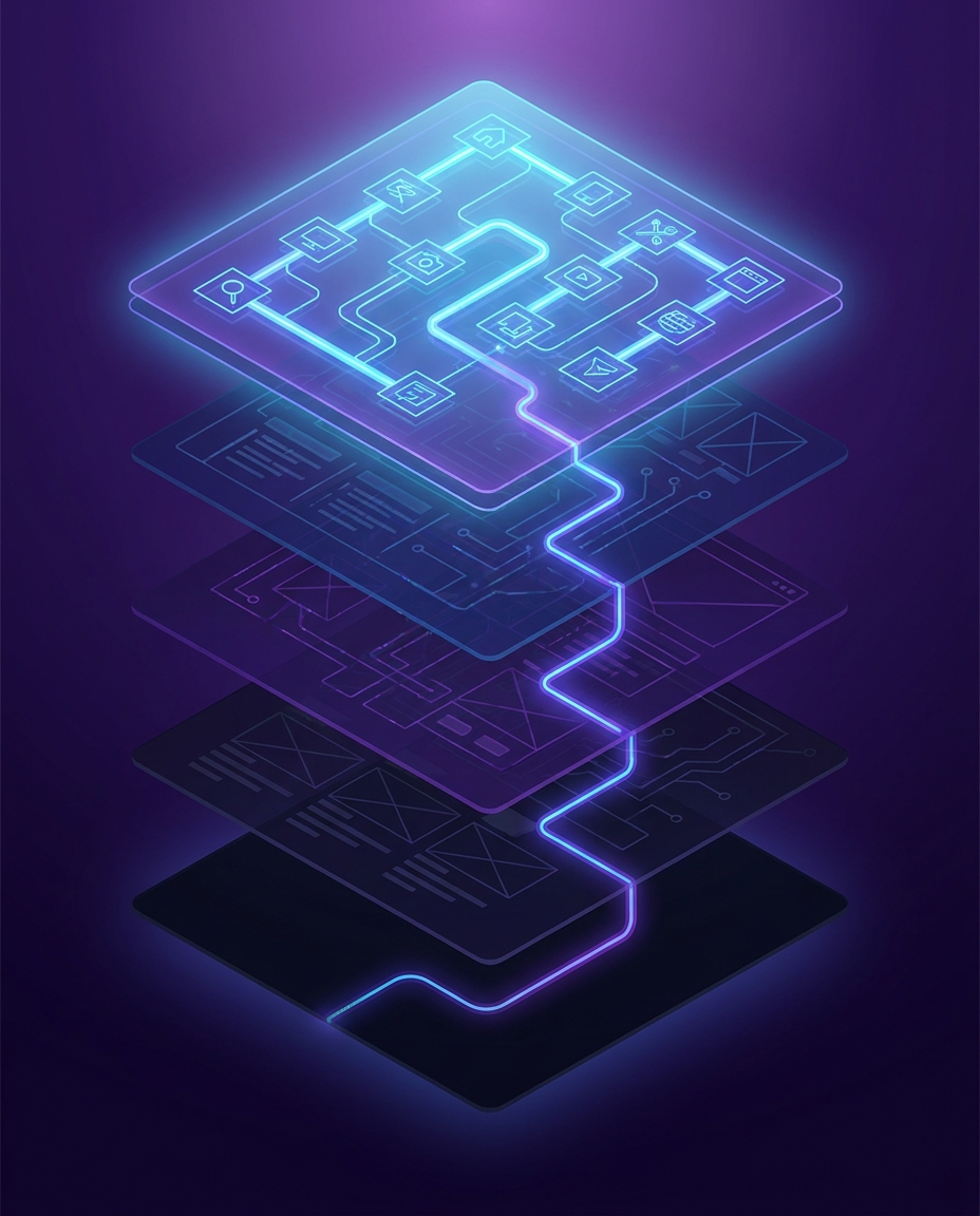 O schemă digitală strălucitoare, structurată în straturi, cu accente de albastru și violet, care prezintă blocuri și linii interconectate, reprezentând fluxul de date sau arhitectura tehnologică pe un fundal întunecat.