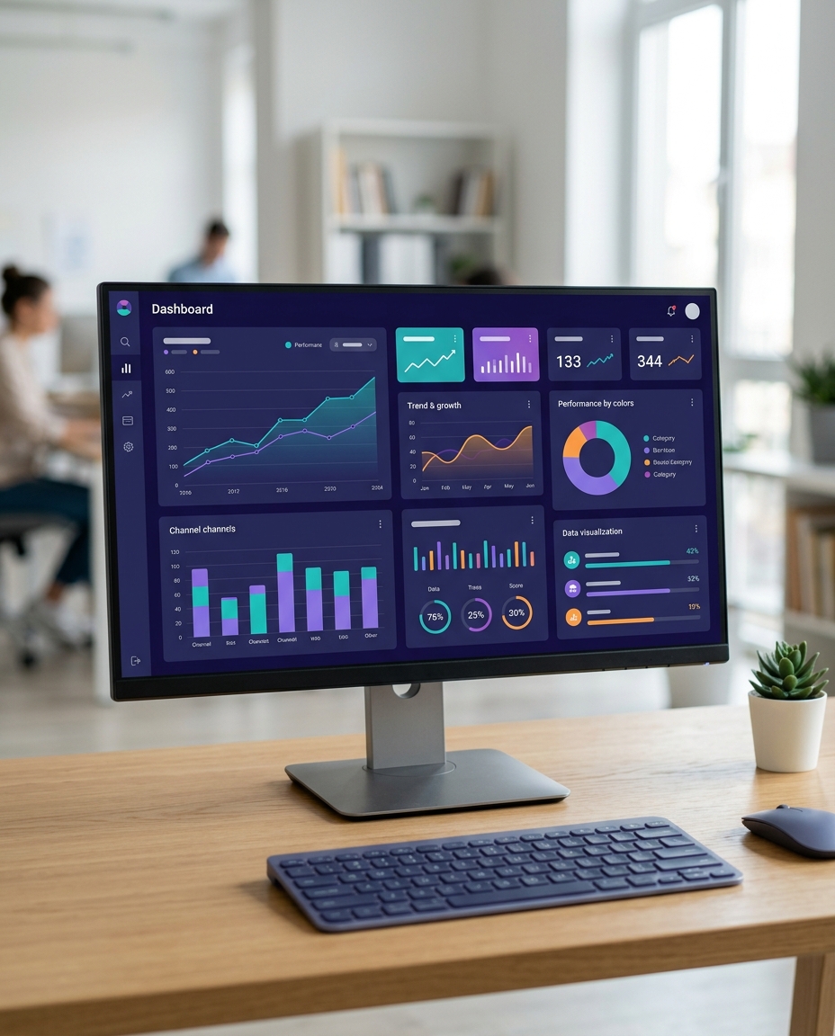 Un monitor de computer așezat pe un birou afișează tablouri de bord colorate cu analize de date, incluzând diagrame și grafice, într-un cadru de birou. În fundal se văd o tastatură, un mouse, o plantă și câteva persoane care lucrează, cu contururile estompate.