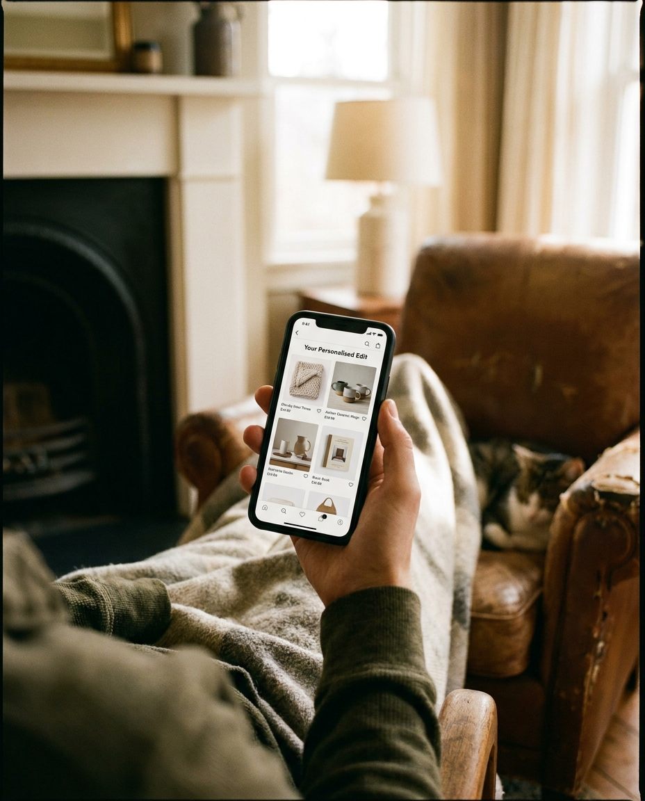 O persoană stă pe o canapea, acoperită cu o pătură, ținând în mână un smartphone pe care este deschisă o aplicație de cumpărături. Lângă ea se odihnește o pisică, iar în camera confortabilă se pot vedea un șemineu, o lampă și o fereastră.