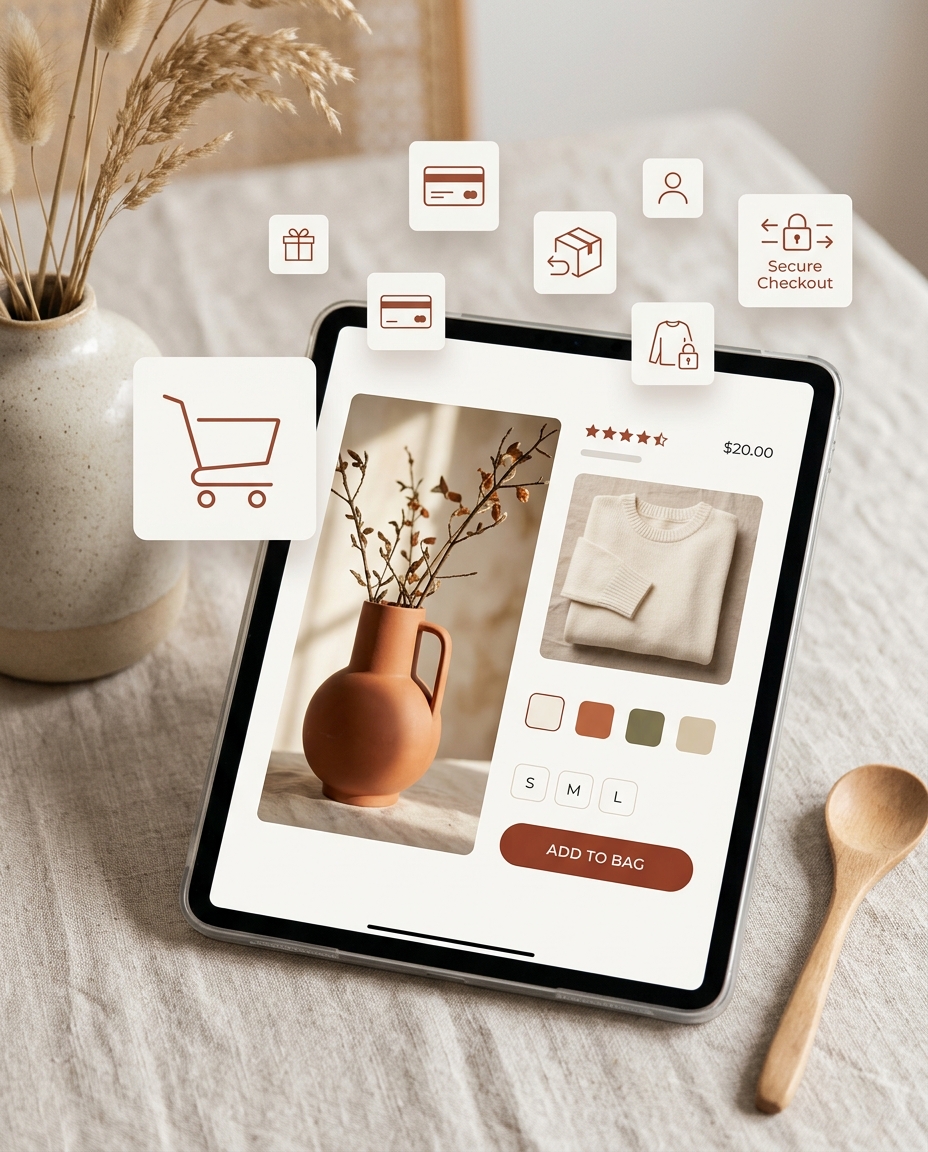 O tabletă pe care se afișează o aplicație de cumpărături online, cu o vază și un pulover scoase la vânzare. Deasupra se află pictogramele pentru coșul de cumpărături, finalizarea comenzii în condiții de siguranță, plată și profilul utilizatorului. Pe masa de culoare bej se află o vază, o lingură și un șervețel.