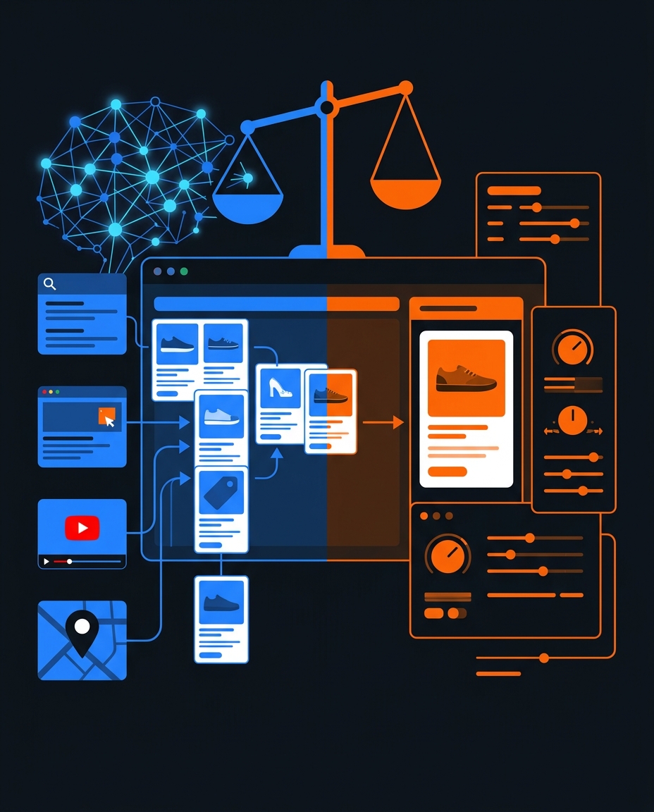 Ilustrație digitală a unui ecran de computer împărțit în două, care afișează cumpărarea de încălțăminte, conectat la diverse pictograme precum rețelele sociale, e-mailul și instrumentele de analiză, cu o rețea neuronală și balanțe în partea de sus, simbolizând inteligența artificială și procesul echilibrat de luare a deciziilor în comerțul electronic.