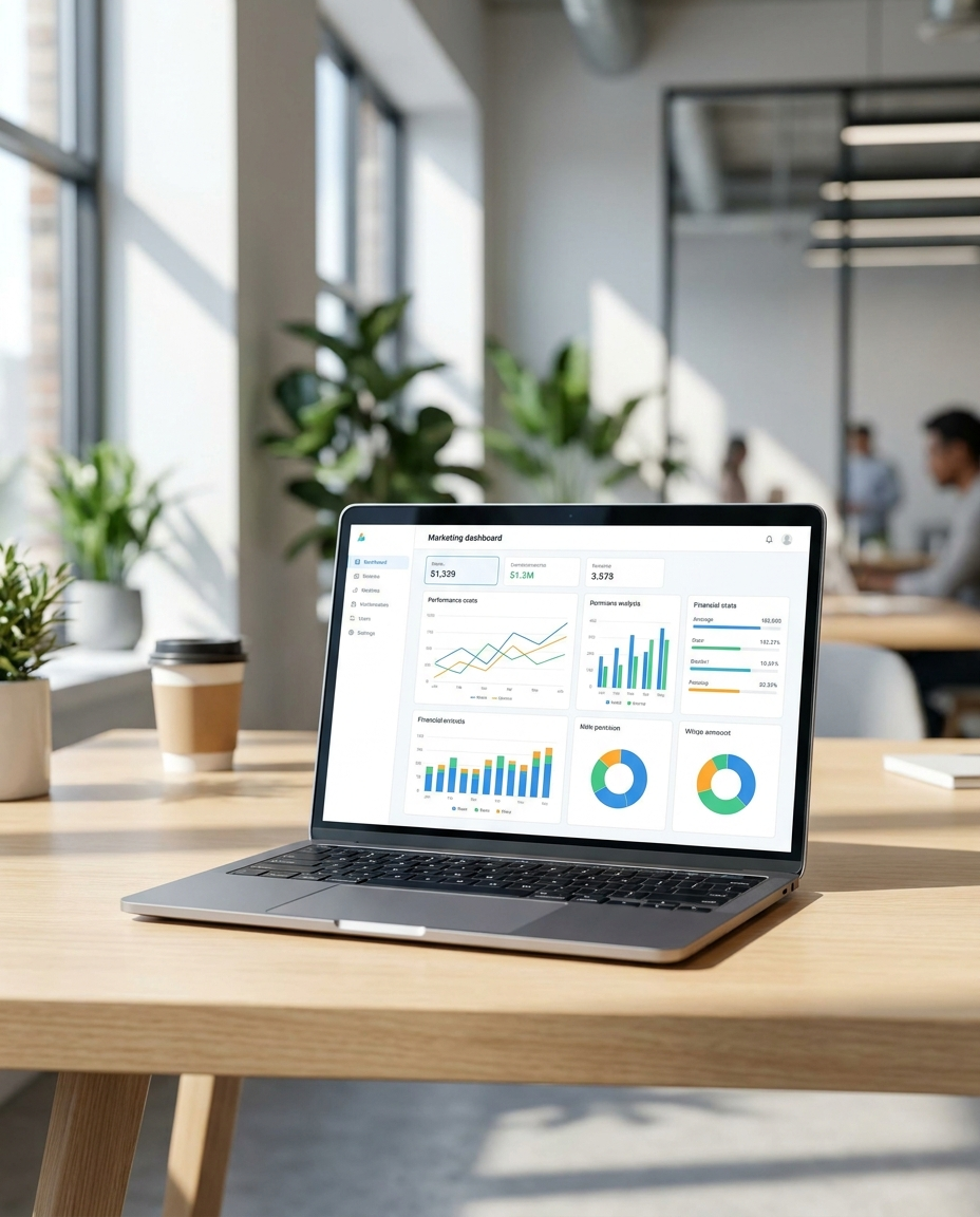 Un laptop pe care se afișează diverse diagrame și grafice dintr-un tablou de bord de marketing se află pe o masă de lemn într-un birou luminos, cu ferestre mari, plante în ghivece, o ceașcă de cafea și siluete neclare în fundal.