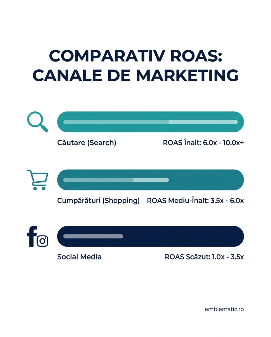 Comparativ ROAS pe canale de marketing: căutare, cumpărături și social media