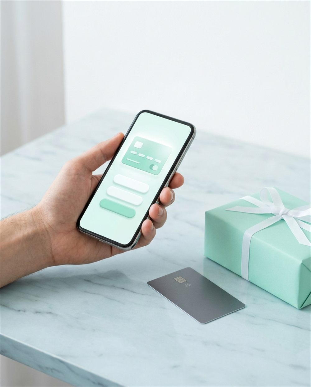 O mână ține un smartphone pe care se vede un formular de plată digitală. Pe o masă de marmură se află un card de credit gri și o cutie de cadou împachetată cu o panglică albă.