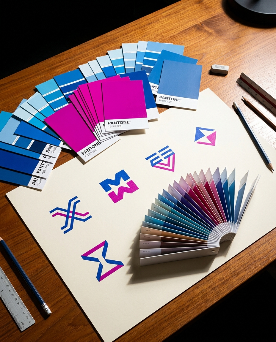 Un spațiu de lucru cu mostre de culori Pantone, creioane, o gumă de șters, o riglă și o foaie cu desene geometrice în albastru, roz și violet, așezate pe un birou din lemn.
