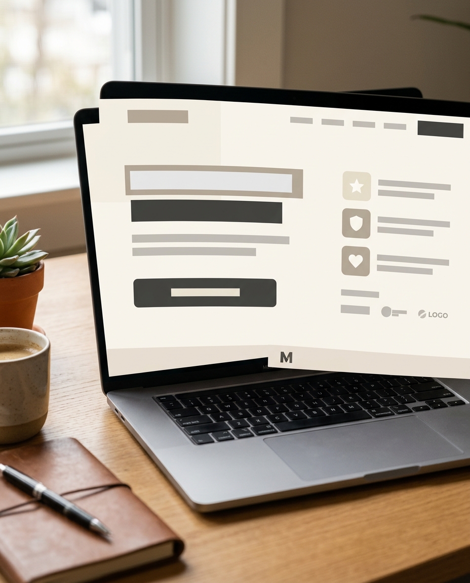 Pe un laptop așezat pe un birou din lemn se vede o machetă a unui site web cu pictograme și câmpuri de text. În apropiere se află un caiet maro, o ceașcă de cafea și o mică plantă în ghiveci. În fundal se vede o fereastră luminoasă.