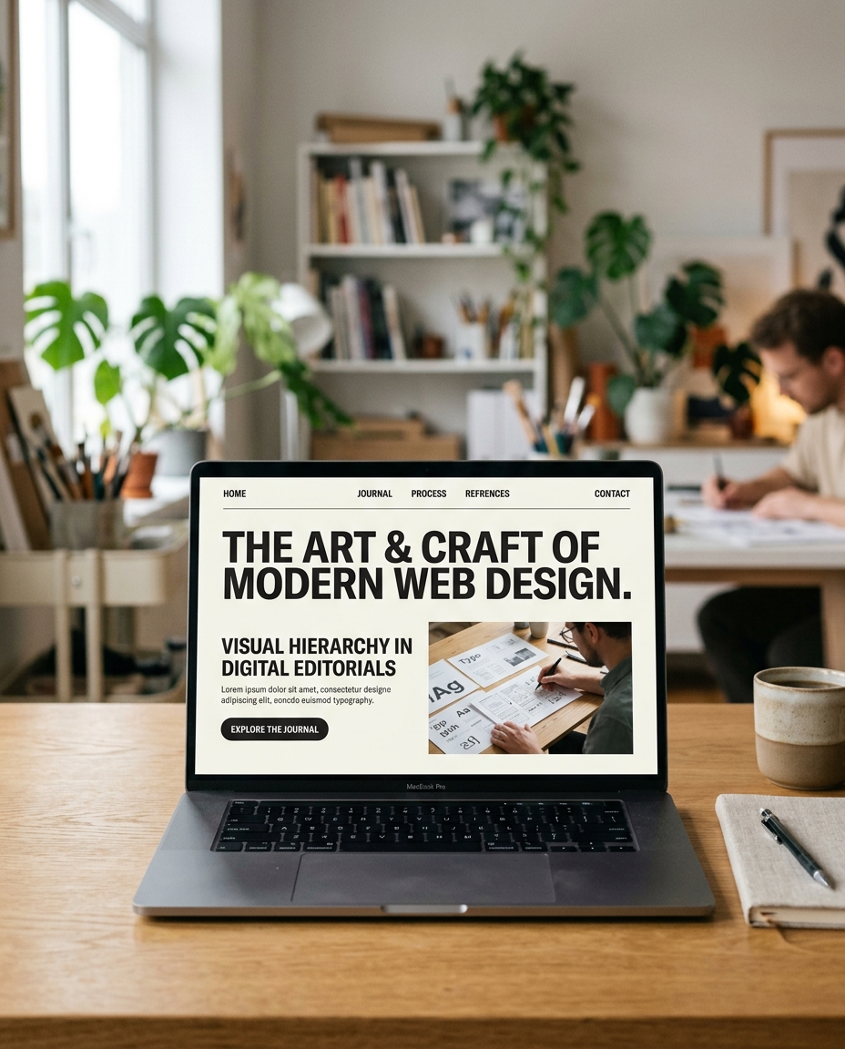 Un laptop așezat pe un birou din lemn afișează o pagină web intitulată „Arta și meșteșugul designului web modern”. În fundal, o persoană lucrează la un alt birou într-un birou de acasă confortabil, plin de plante.