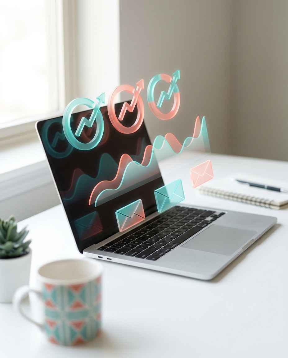 Pe un birou se află un laptop pe ecranul căruia apar imagini colorate plutitoare reprezentând grafice, săgeți și plicuri, care sugerează analiza datelor sau notificări prin e-mail. Pe birou se mai află o cană cu model, o plantă și un blocnotes.
