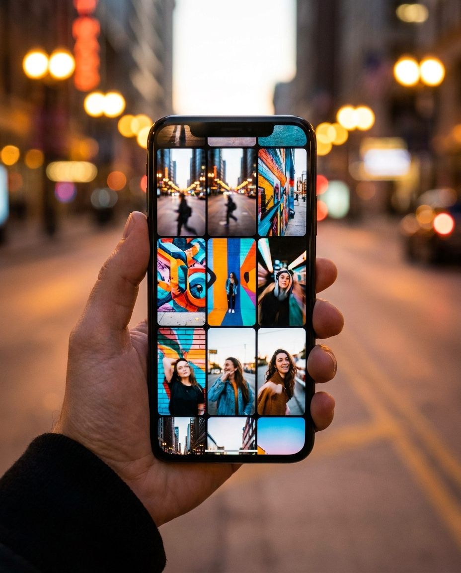 O mână ține un smartphone pe ecranul căruia se vede o serie de fotografii colorate, printre care portrete și artă stradală, pe fundalul unei străzi urbane estompate, cu lumini strălucitoare în fundal.
