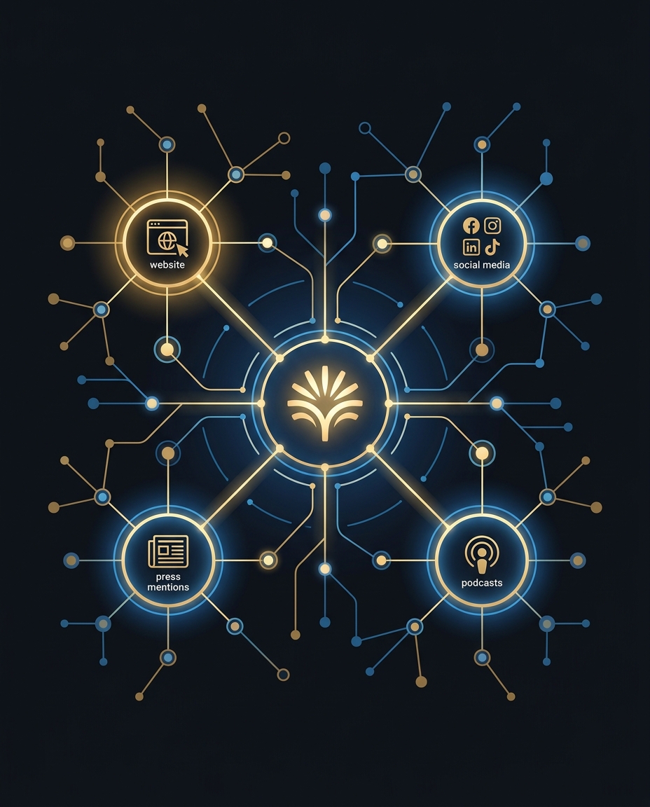O diagramă digitală prezintă o pictogramă centrală luminoasă conectată la patru cercuri etichetate: site web, rețele sociale, podcasturi și mențiuni în presă, ilustrând canalele de comunicare digitală interconectate.