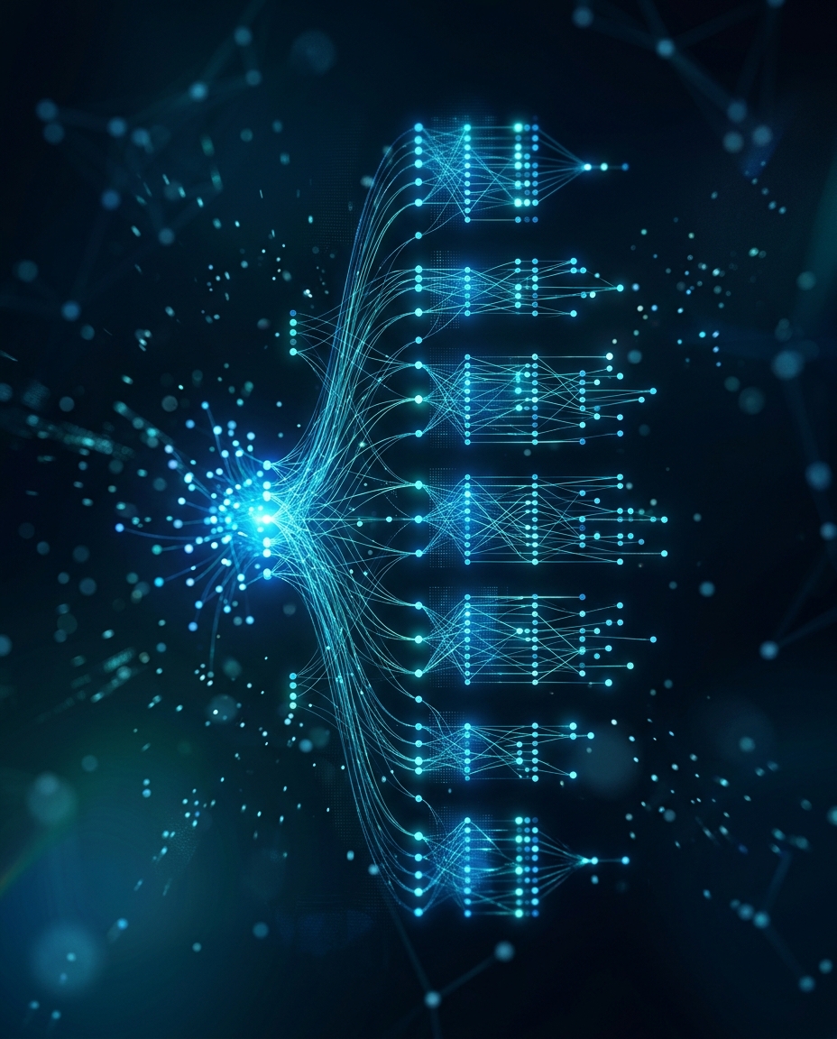 O ilustrație digitală a unei rețele neuronale prezintă noduri albastre strălucitoare, conectate prin linii, care se ramifică dintr-un grup central către mai multe structuri stratificate, simbolizând procesarea datelor și inteligența artificială.