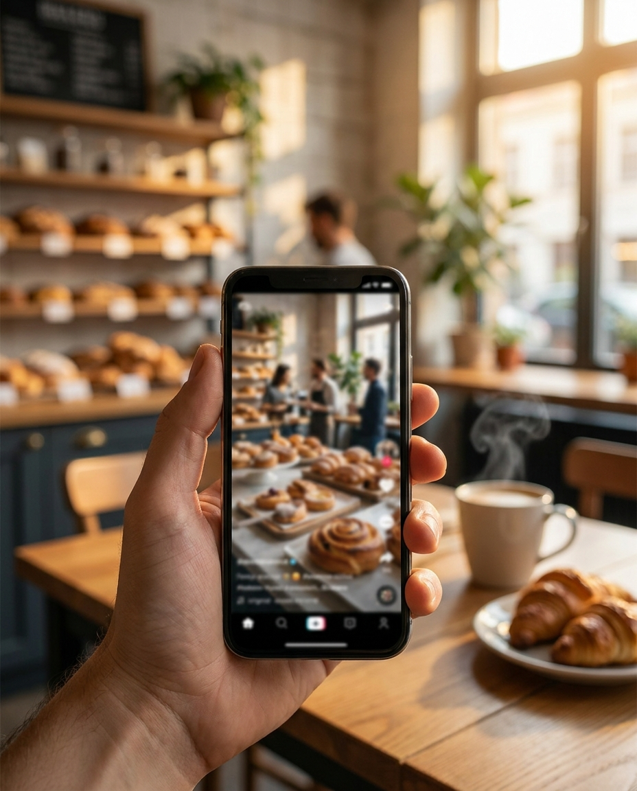 O mână ține un telefon cu care se face o fotografie unor produse de patiserie într-o brutărie primitoare. Pe masă se află produse de patiserie proaspete, o ceașcă de cafea și un croissant. Razele calde ale soarelui pătrund prin ferestrele mari.