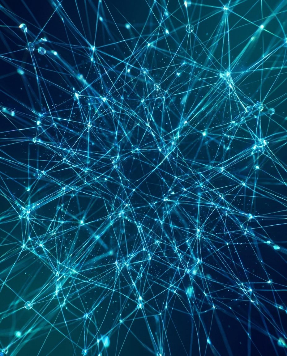 Liniile și punctele interconectate, de un albastru strălucitor, formează un model complex de rețea pe un fundal întunecat, asemănător rețelelor neuronale sau conexiunilor digitale, simbolizând tehnologia sau schimbul de date.