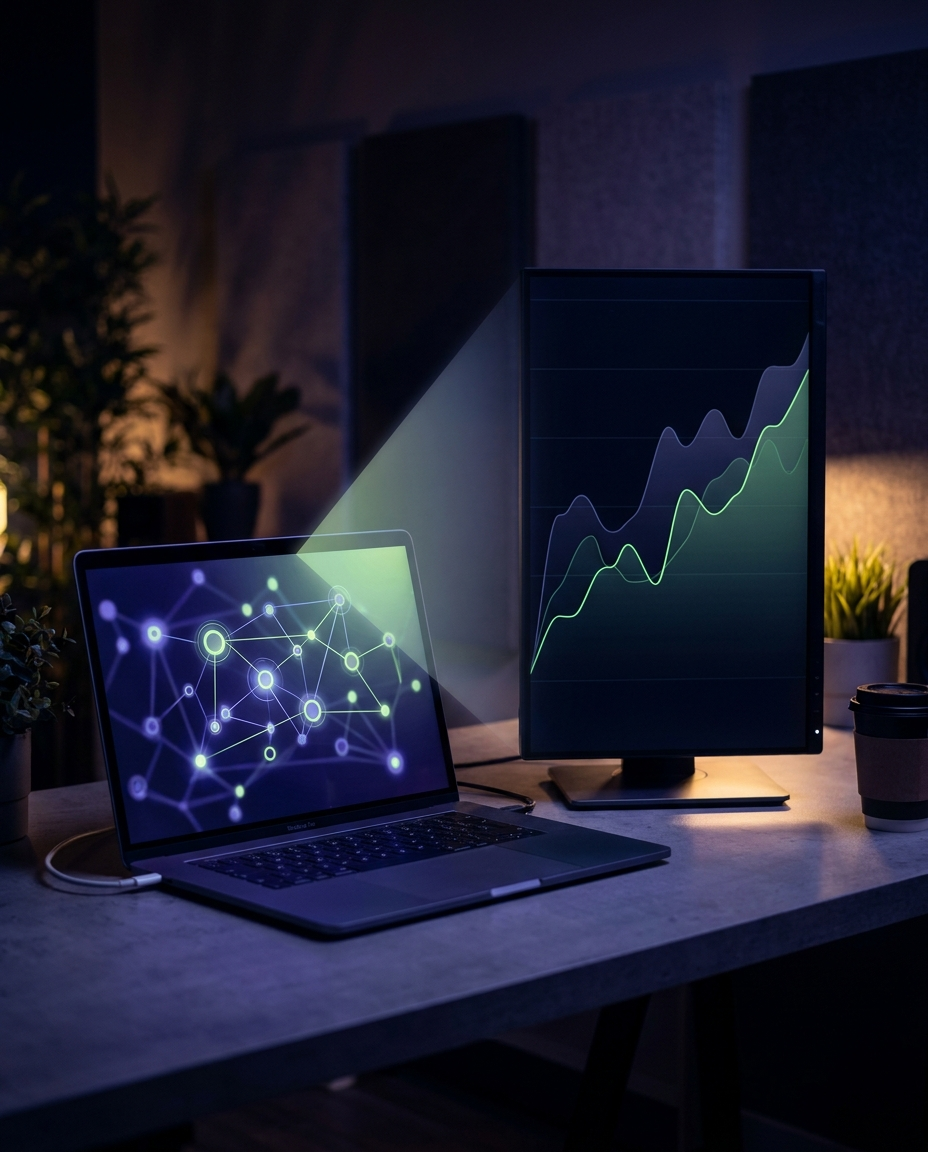 Un laptop pe ecranul căruia se afișează o reprezentare grafică a unei rețele neuronale proiectează lumina pe un monitor din apropiere, pe care se vede un grafic cu tendință ascendentă. Spațiul de lucru este slab iluminat, având în fundal plante și o ceașcă de cafea.