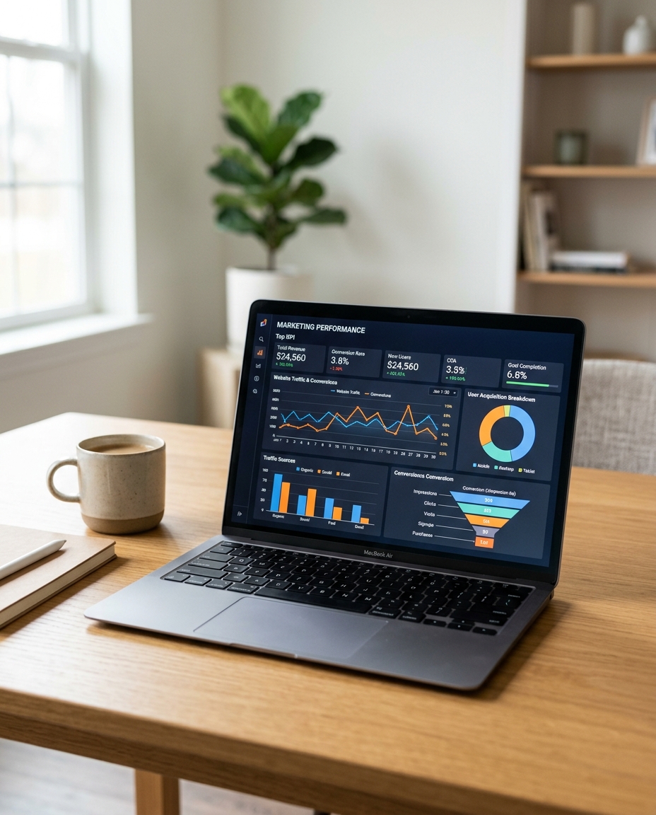 Pe o masă de lemn, lângă o cană de cafea, se află un laptop pe ecranul căruia sunt afișate diagrame și grafice privind performanțele de marketing. În fundal se văd o plantă, niște rafturi și o fereastră prin care pătrunde lumina naturală.