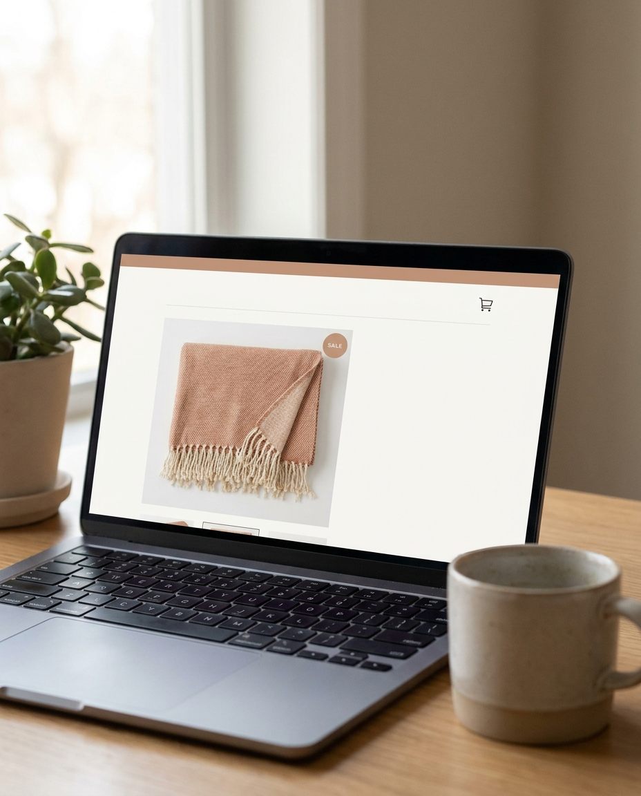 Pe un birou din lemn se află un laptop pe care este deschis un site de cumpărături pe care apare o pătură bej cu franjuri. În apropiere se află o plantă în ghiveci și o cană din ceramică.