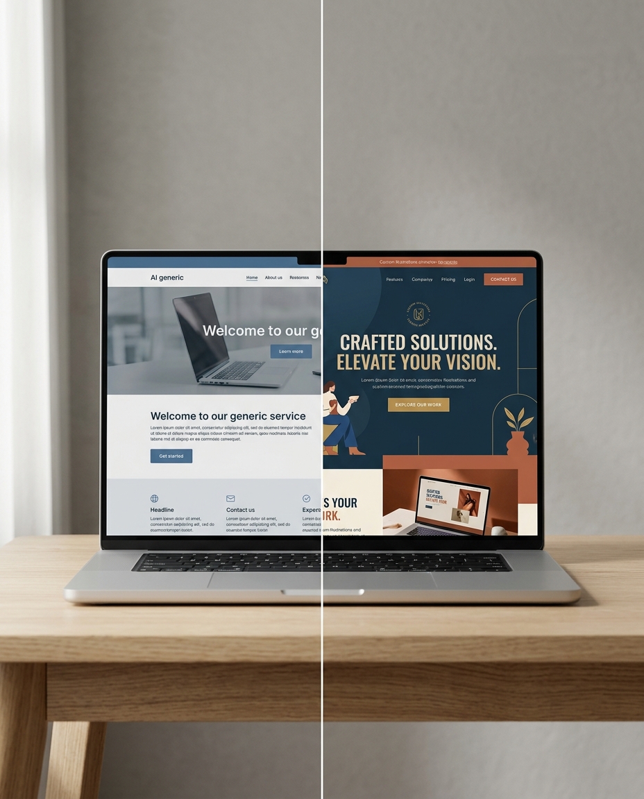 Pe un laptop așezat pe un birou din lemn se afișează o reproiectare a unui site web pe ecran divizat: în partea stângă se vede un site simplu și generic, în timp ce în partea dreaptă se vede un design modern și atractiv din punct de vedere vizual, cu culori și elemente grafice îndrăznețe.