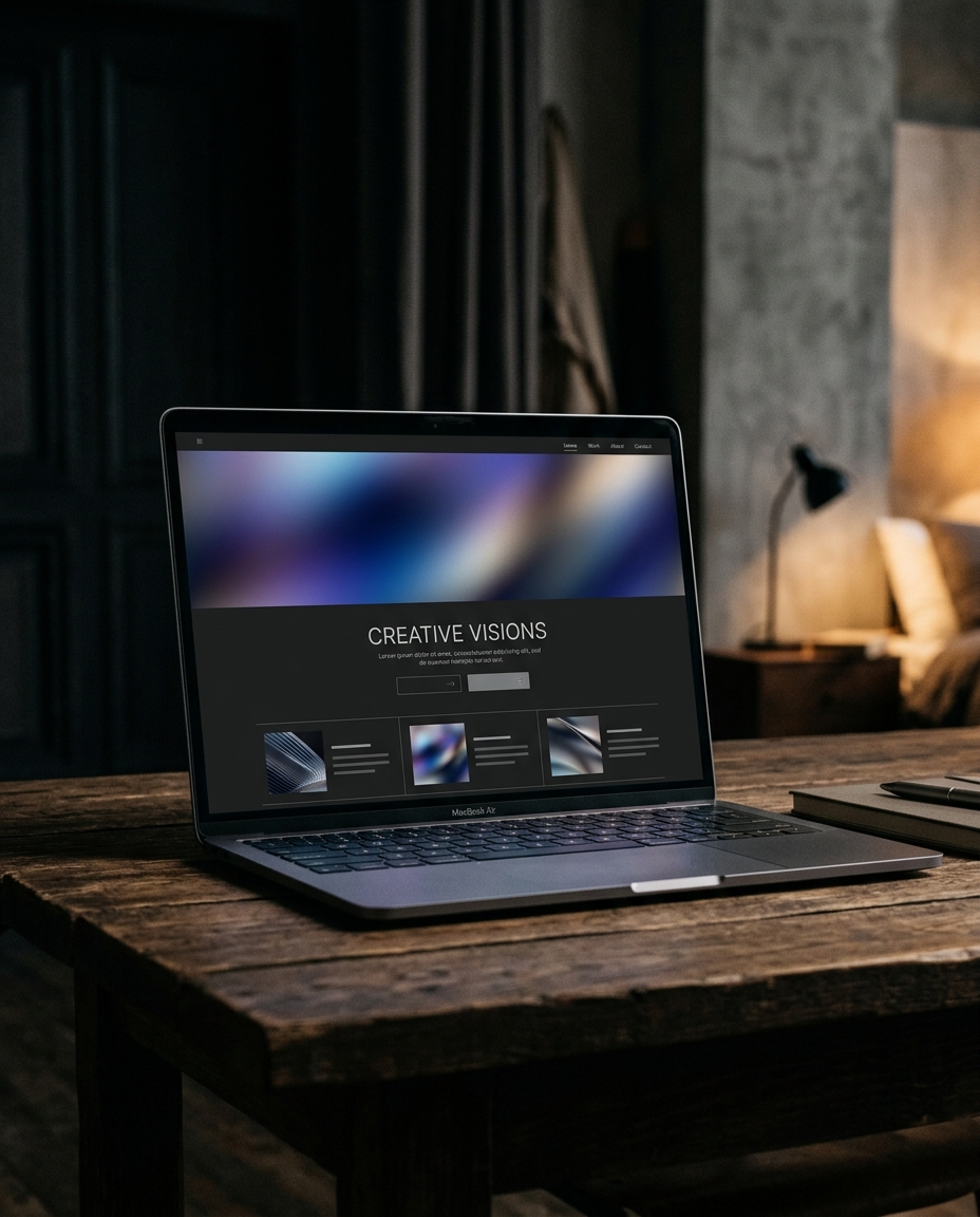 Pe un laptop așezat pe un birou rustic din lemn se afișează un site web intitulat „Creative Visions”, cu imagini grafice estompate și pline de culoare. Spațiul de lucru conține un blocnotes, un stilou și o lampă de birou, într-o cameră modernă, slab iluminată.