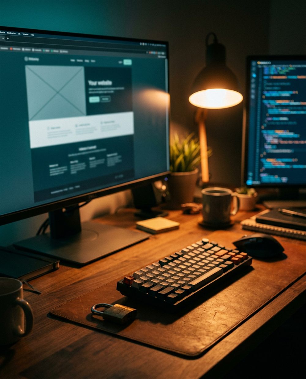 Un spațiu de lucru confortabil, dotat cu o tastatură, o cană de cafea, o plantă, o lampă și două monitoare — unul afișând codul, iar celălalt un site web. Iluminatul cald creează o atmosferă propice concentrării și primitoare.