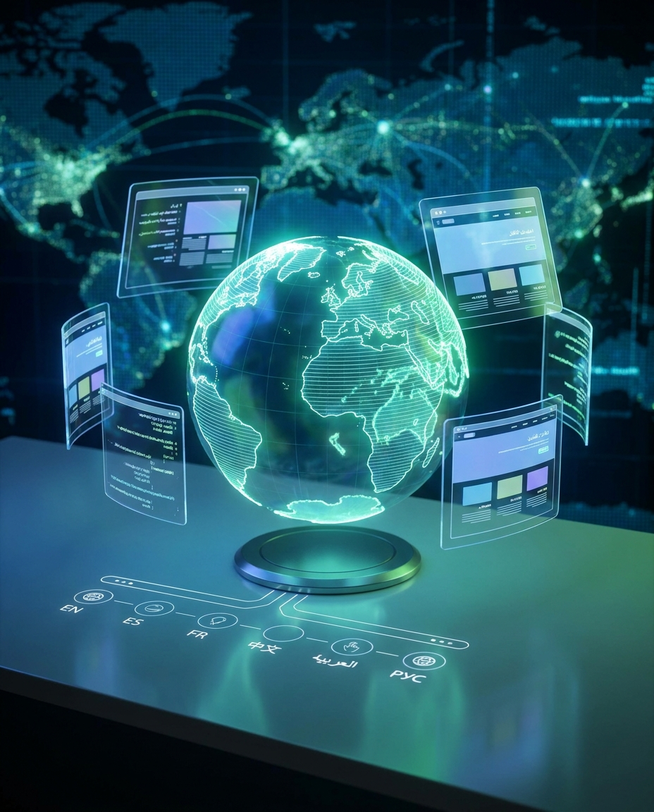 Pe o masă se află un glob digital luminos, înconjurat de ecrane transparente plutitoare cu date, iar în fundal se vede o hartă a lumii pe care sunt afișate conexiunile de rețea iluminate.