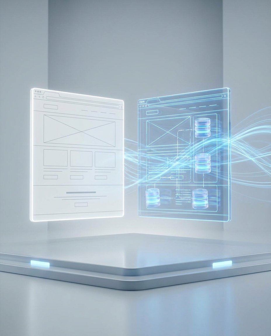 Două ecrane holografice luminoase afișează schițe ale site-urilor web și baze de date, plutind deasupra unei platforme futuriste cu accente de albastru deschis, într-o încăpere elegantă și minimalistă.