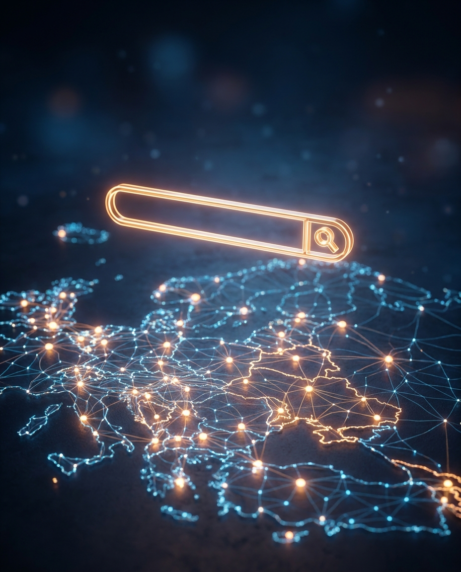 O bară de căutare luminoasă plutește deasupra unei hărți digitale a Europei, iluminată de puncte de rețea interconectate, simbolizând conectivitatea online și căutarea de informații pe întreg continentul.
