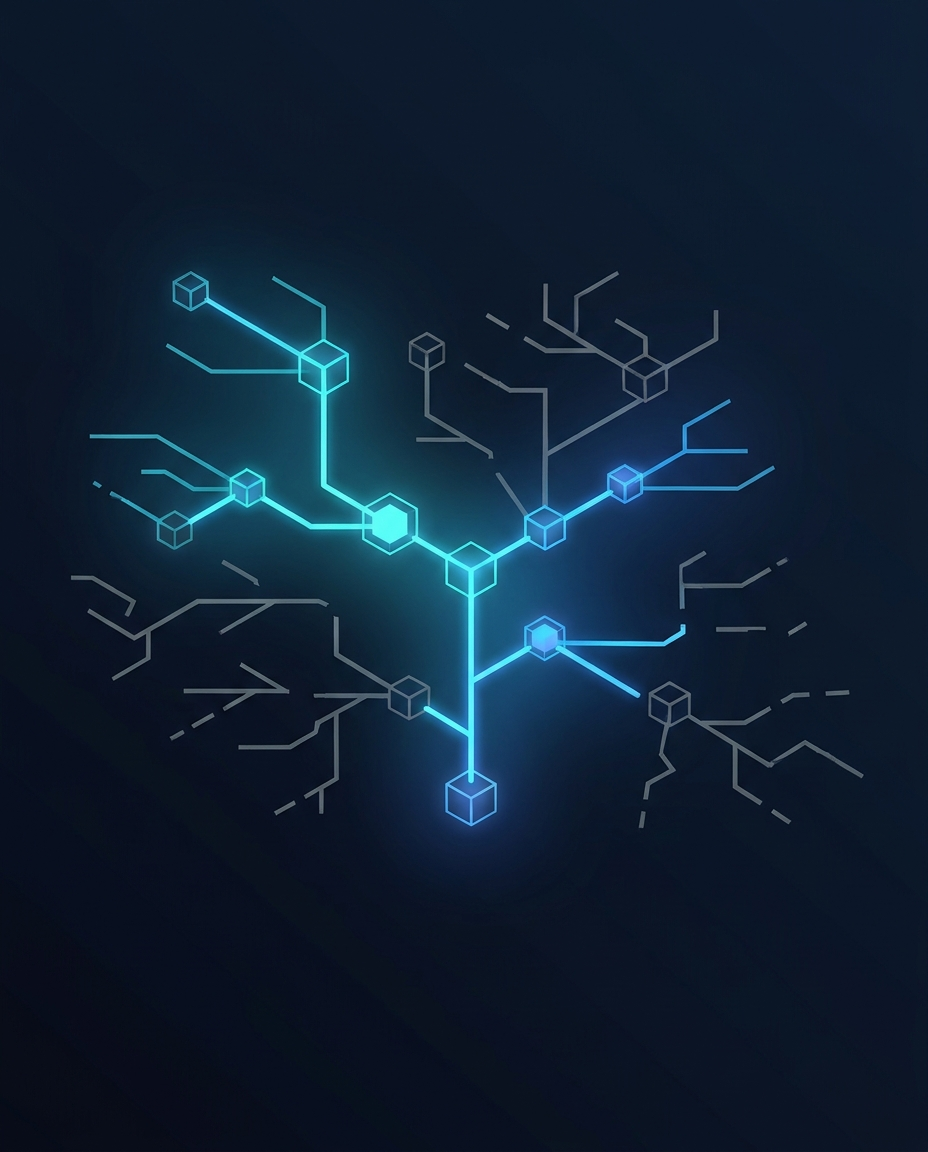O rețea albastră strălucitoare formată din cuburi și linii interconectate pe un fundal întunecat, simbolizând un sistem digital sau blockchain, cu ramificații care se extind spre exterior.
