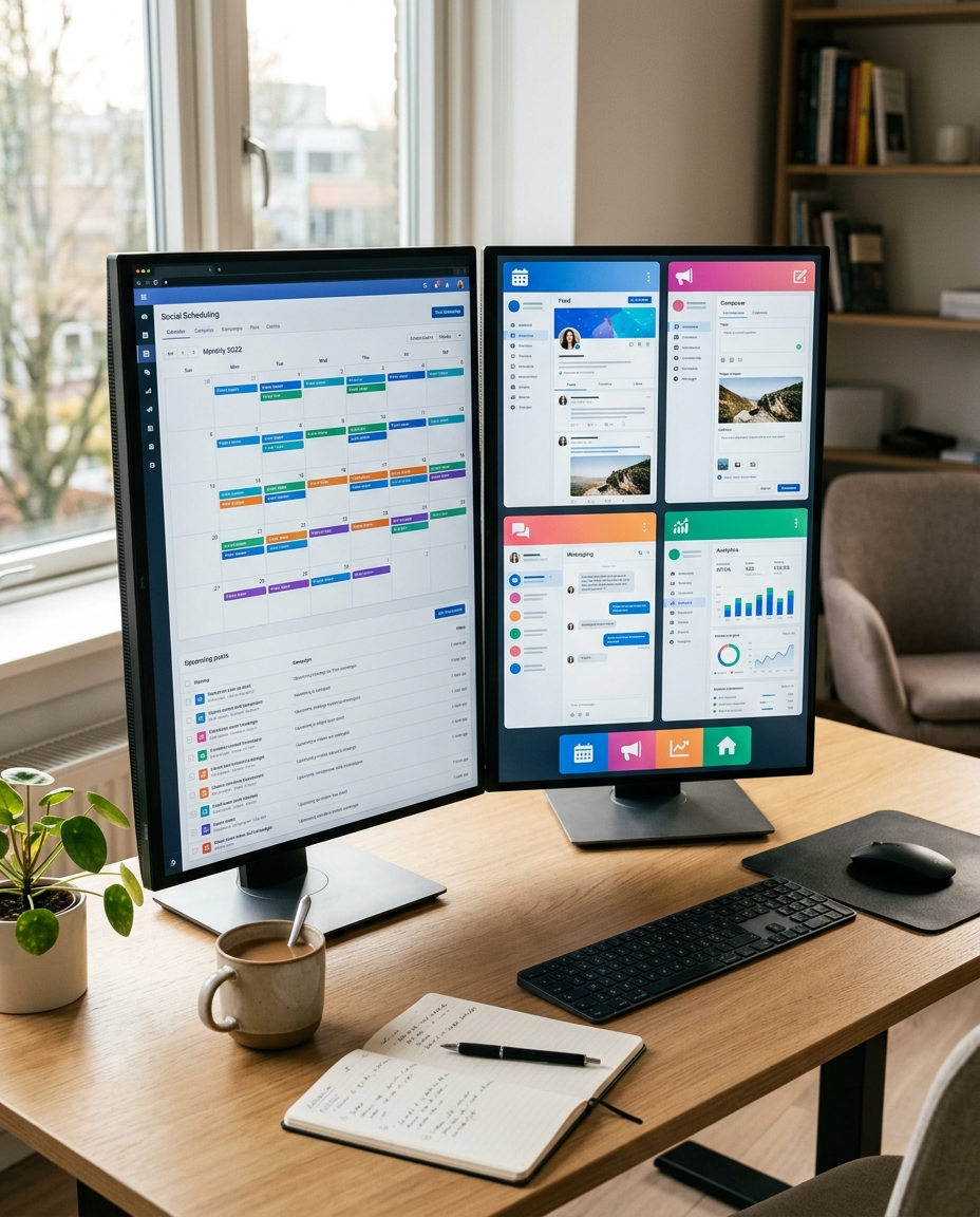 Un birou amenajat în stil modern, cu două monitoare mari așezate vertical pe care sunt afișate calendare și aplicații, o tastatură, un mouse, un notebook, un stilou, o ceașcă de cafea și o plantă mică lângă fereastră, cu rafturi și scaune în fundal.