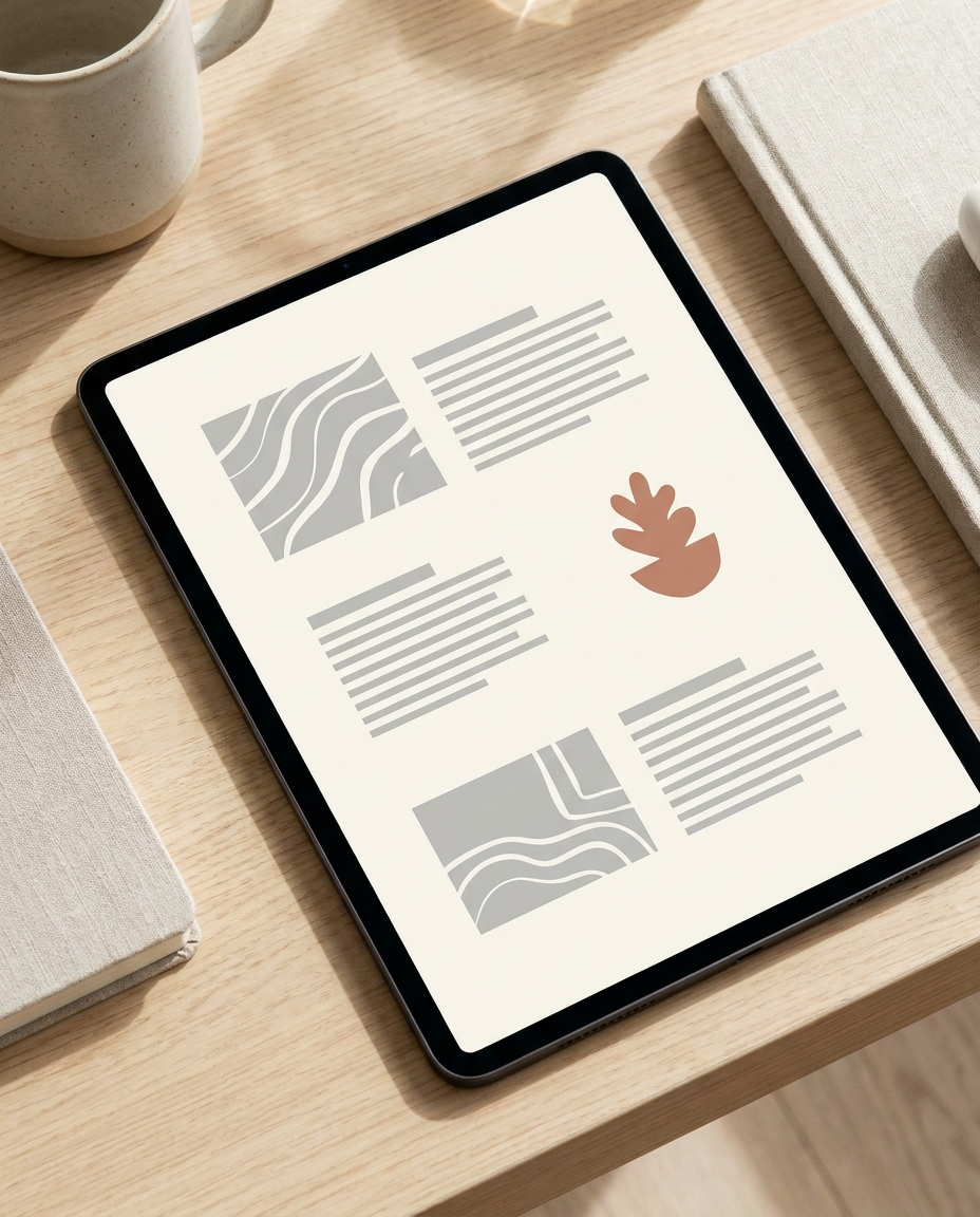 O tabletă așezată pe un birou din lemn prezintă un design digital minimalist, cu forme abstracte și blocuri de text. În apropiere se află o cană, un caiet închis și o carte.