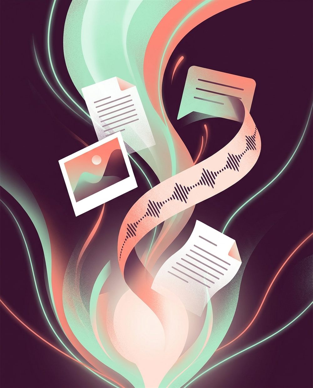 Ilustrație abstractă reprezentând documente, o fotografie și o panglică cu forme de undă care se învârt în sus pe curenți strălucitori în nuanțe pastelate, pe un fundal întunecat.