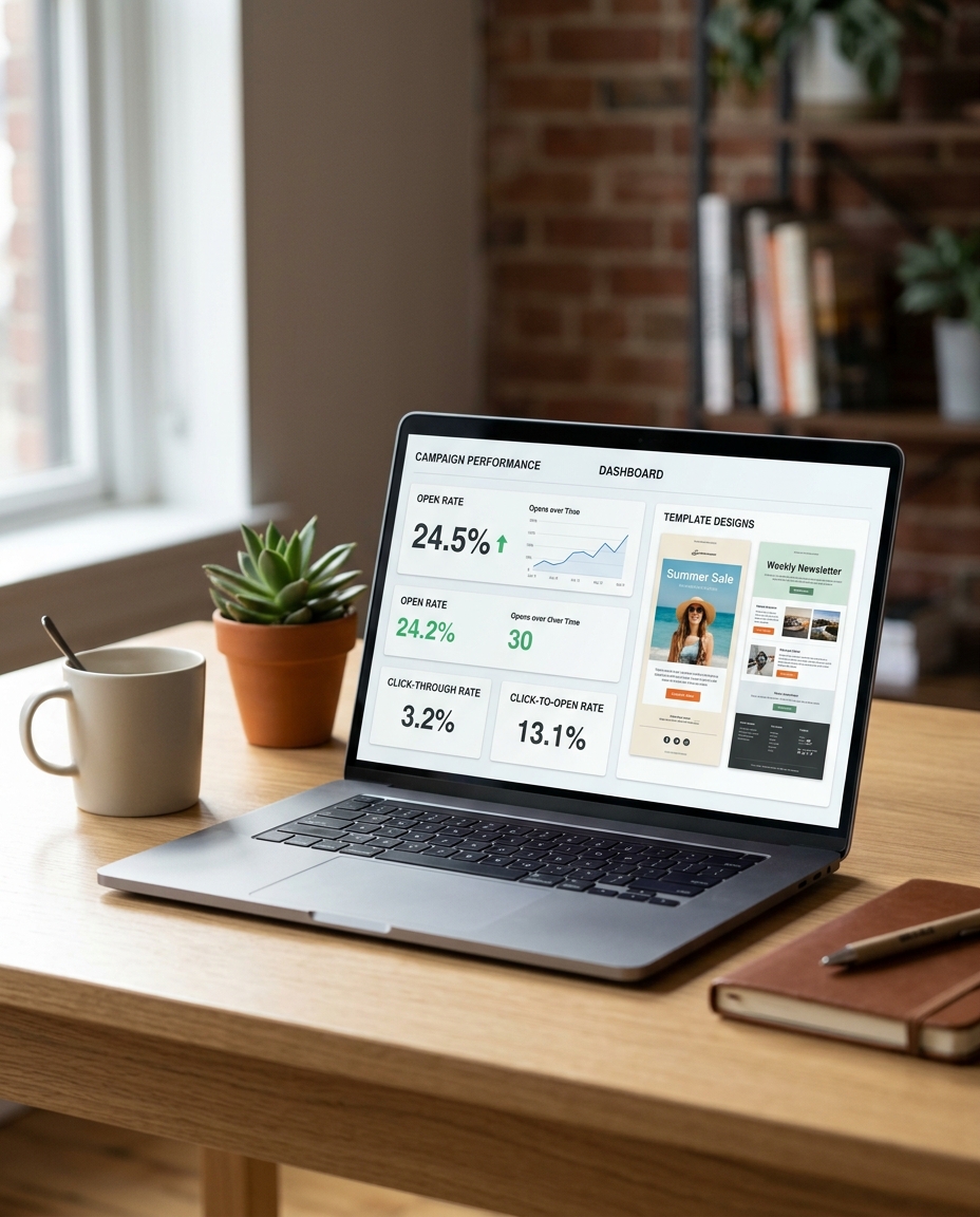 Pe un birou din lemn se află un laptop pe care este afișat un tablou de bord de marketing digital, cu grafice privind performanța campaniilor și modele de șabloane. Lângă laptop se află o cană de cafea, un caiet, un stilou și o mică plantă în ghiveci. În fundal se vede o bibliotecă.