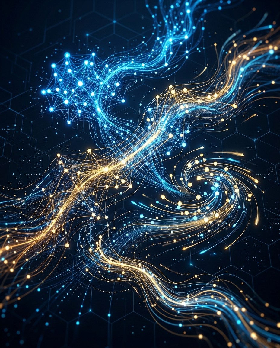 Operă de artă digitală abstractă care prezintă fluxuri de lumină albastră și aurie care se învârt, legate între ele prin noduri și linii strălucitoare, pe un fundal întunecat cu un model hexagonal, reprezentând fluxul de date sau conexiunile de rețea.