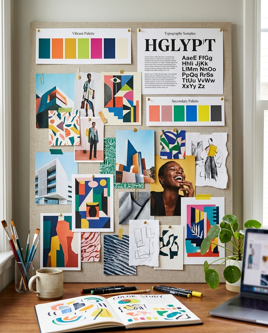 Deasupra unui birou pe care se află un laptop, un caiet, o pereche de ochelari, un creion și o pensulă este expus un moodboard cu reproduceri artistice colorate, palete de culori, mostre de tipografie, schițe și fotografii. Lumina soarelui pătrunde printr-o fereastră din apropiere.