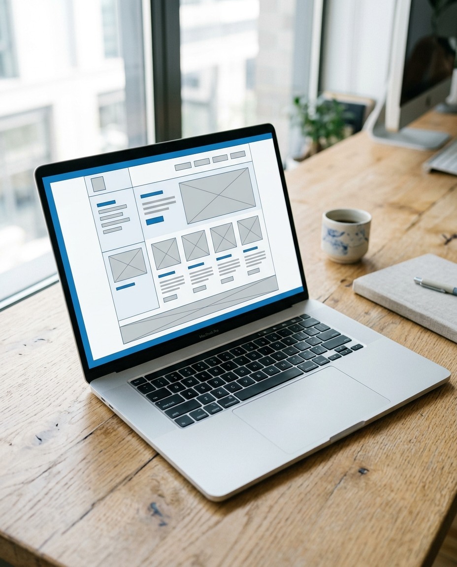 Pe un birou din lemn se află un laptop pe ecranul căruia este afișat un wireframe al unui site web. Lângă laptop se află un caiet, un stilou și o cană. O fereastră din fundal lasă să pătrundă lumina naturală.