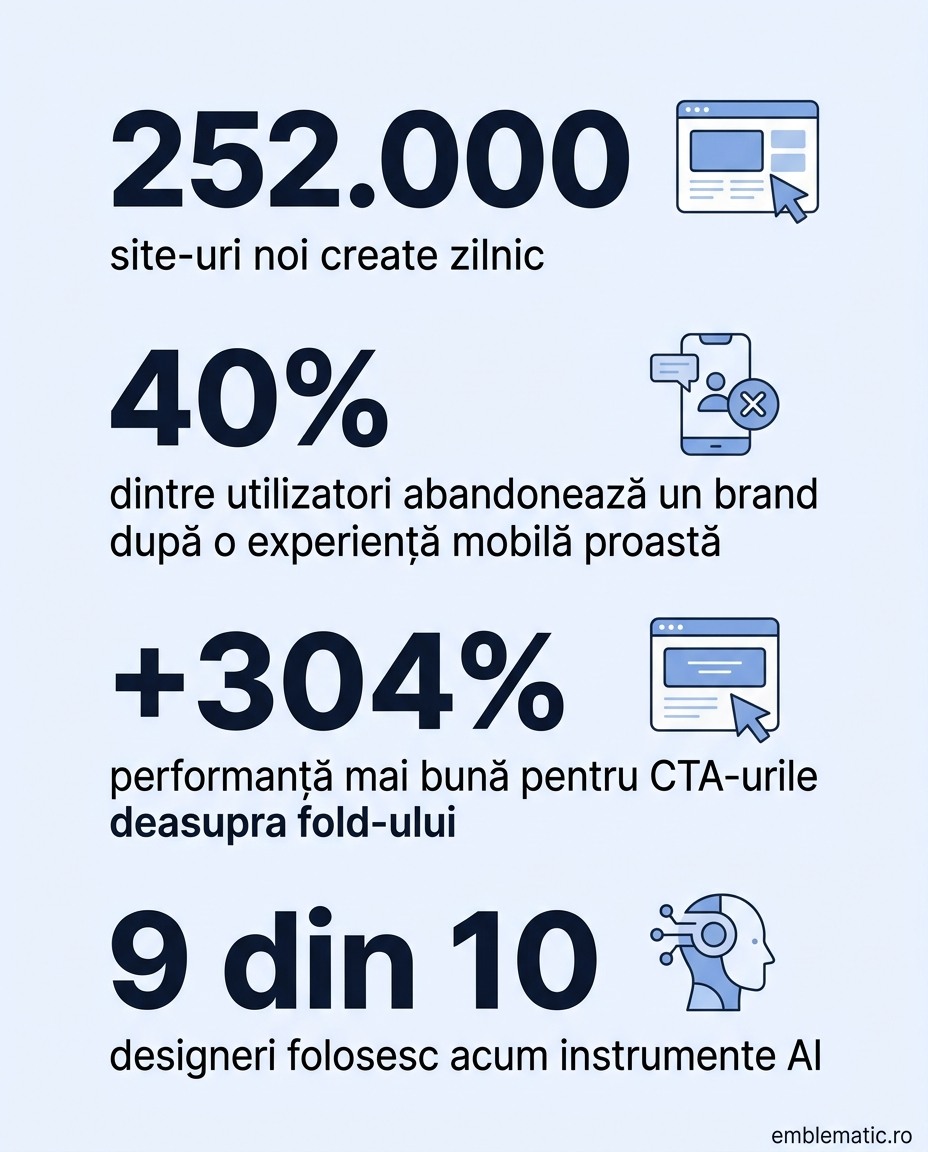 Infografic cu patru statistici cheie despre trenduri de web design in 2026
