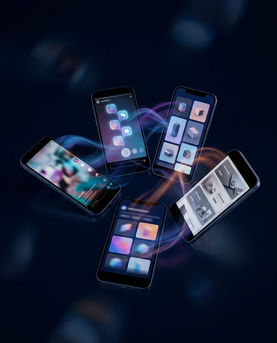Cinci smartphone-uri care plutesc în cerc pe un fundal întunecat, fiecare afișând pe ecran pictograme colorate ale aplicațiilor, legate între ele prin linii luminoase, sugerând comunicarea fără fir sau transferul de date.