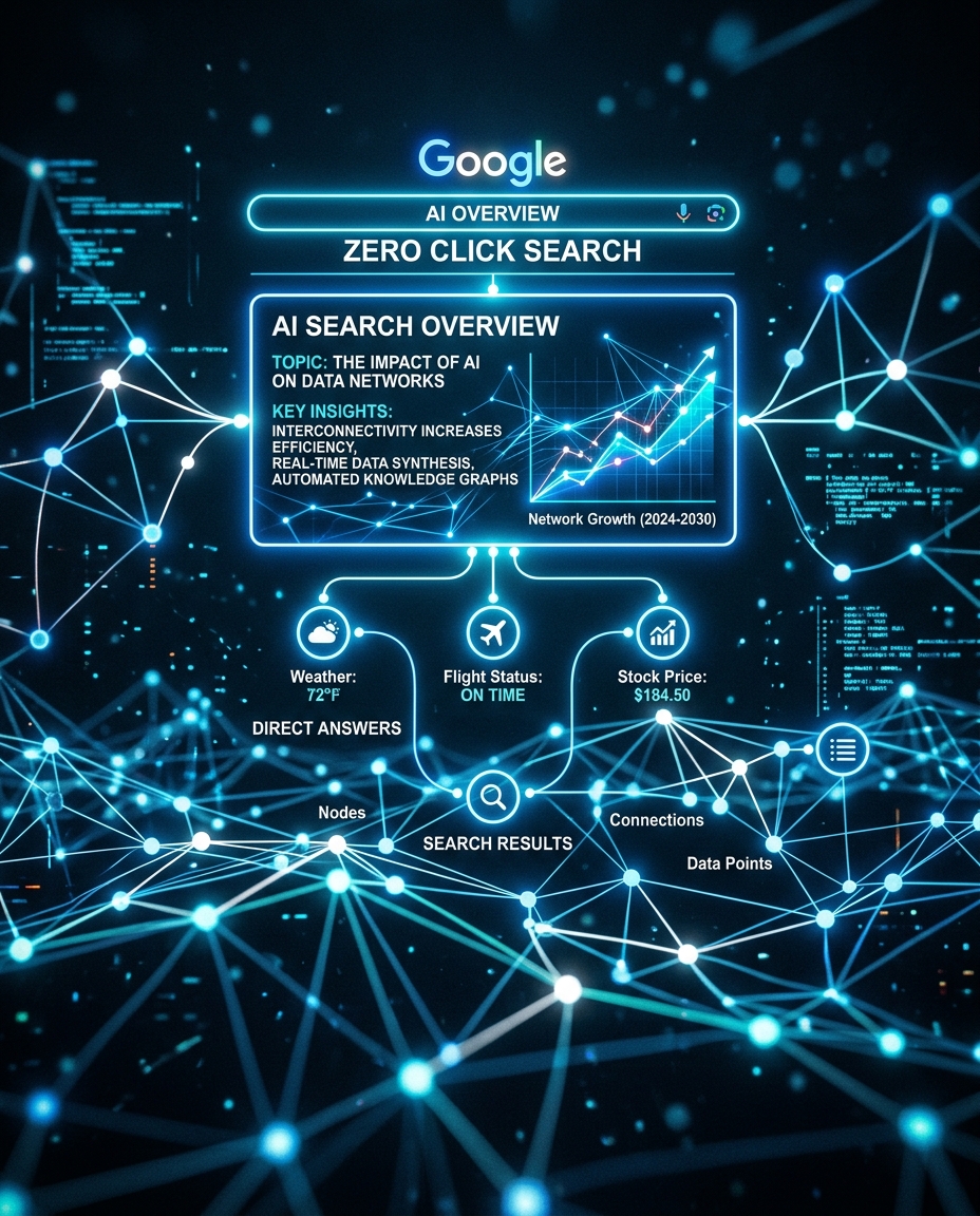 Interfață digitală futuristă care prezintă o căutare pe Google pentru „Prezentare generală a IA”, cu diagrame, grafice și conexiuni de rețea care vizualizează subiecte precum căutarea fără clicuri, rețelele de date și rezultatele căutării generate de IA.