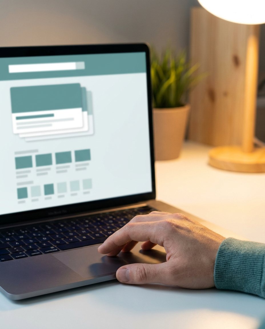 O mână care folosește un laptop așezat pe un birou, pe ecran fiind afișat un design de site web. În fundal se află o plantă în ghiveci și o lampă aprinsă.