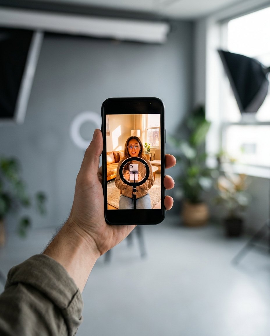 O mână ține un telefon pe ecranul căruia se vede o femeie care se filmează cu ajutorul unui inel luminos și al camerei, într-un studio modern, bine luminat, cu plante și echipament fotografic.