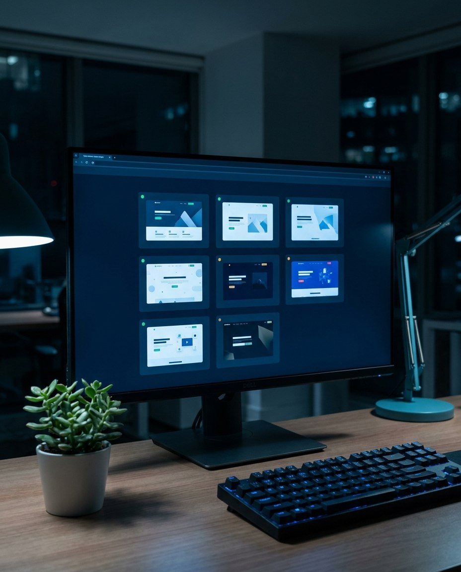 Un computer desktop așezat pe un birou din lemn afișează mai multe ferestre de aplicații. Pe birou se află, de asemenea, o tastatură, o lampă de birou și o mică plantă în ghiveci, iar în fundal se văd luminile orașului prin ferestre.