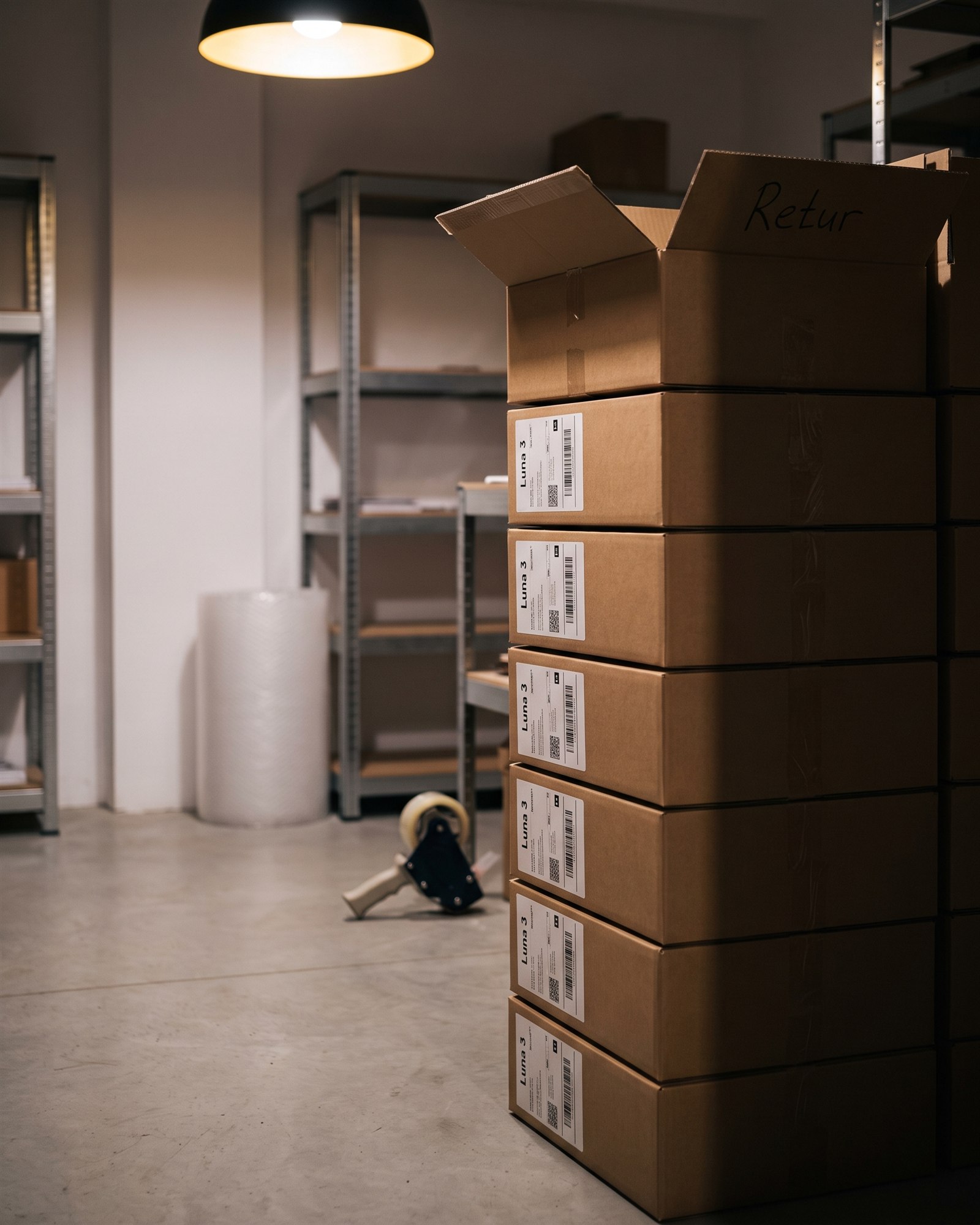 O grămadă de cutii de carton pe care scrie „Retur” se află într-un depozit dotat cu rafturi metalice, un distribuitor de bandă adezivă pentru ambalare, folie cu bule și un corp de iluminat suspendat deasupra.
