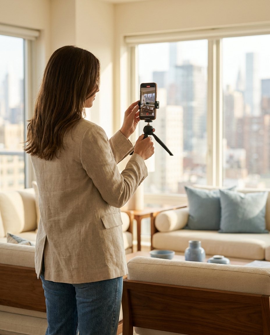 O femeie îmbrăcată într-un blazer bej filmează cu un smartphone așezat pe un trepied într-un living luminos și modern, cu ferestre mari și vedere spre oraș.