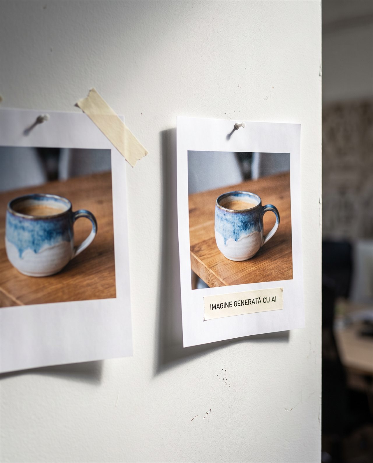 Pe un perete alb sunt fixate cu pioneze două foi de hârtie, fiecare prezentând o fotografie cu o cană de ceramică cu cafea așezată pe o suprafață din lemn. Pe foaia din dreapta se află o etichetă pe care scrie „IMAGINE GENERATĂ CU AI.”.