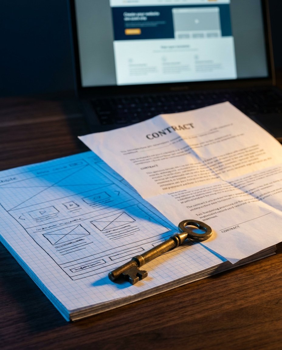 O cheie din alamă zace pe niște documente contractuale și un caiet cu schițe, așezate pe un birou din lemn, în fața unui laptop deschis pe care se afișează un site web.