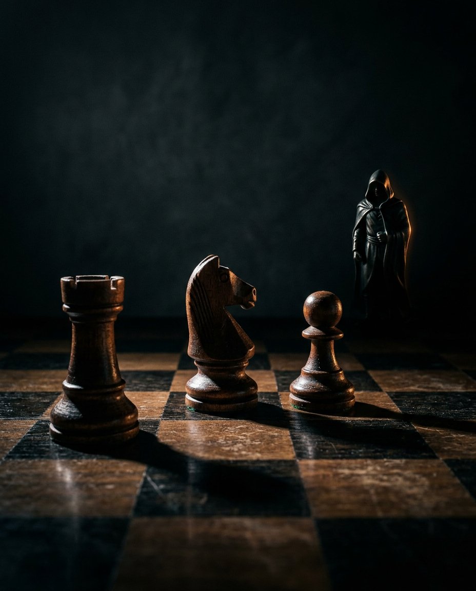 O tablă de șah cu o turnă, un cal și un pion în prim-plan. În fundal se află o siluetă învăluită în umbră, cu glugă, care creează o atmosferă misterioasă.